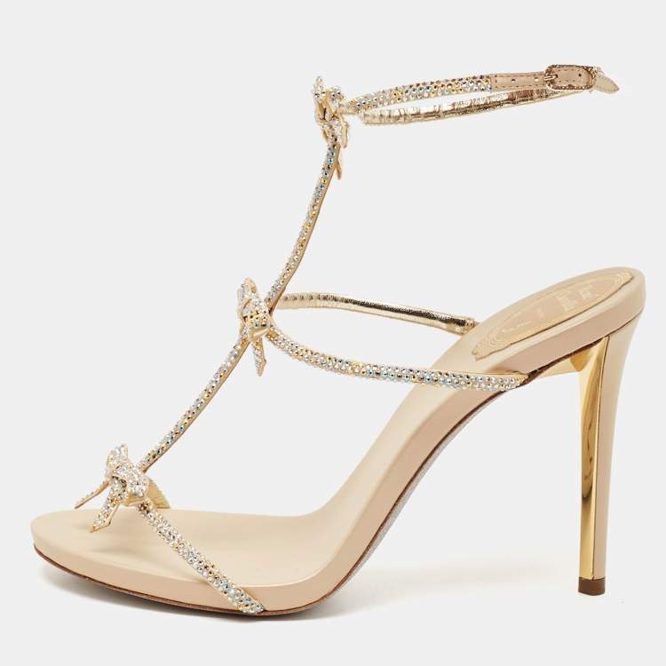 Pre Owned René Caovilla Beige Leather and Crystal Caterina Sandals Size 40
