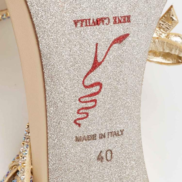 Pre Owned René Caovilla Beige Leather and Crystal Caterina Sandals Size 40