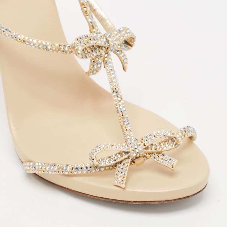 Pre Owned René Caovilla Beige Leather and Crystal Caterina Sandals Size 40