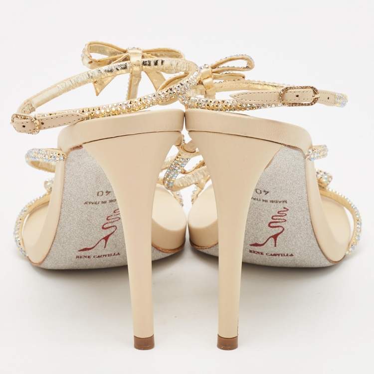 Pre Owned René Caovilla Beige Leather and Crystal Caterina Sandals Size 40