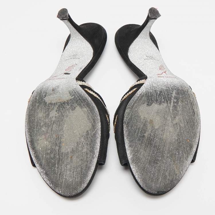 Pre Owned René Caovilla Black/Beige Suede and Satin Crystal Embellished Slide Sandals Size 39.5