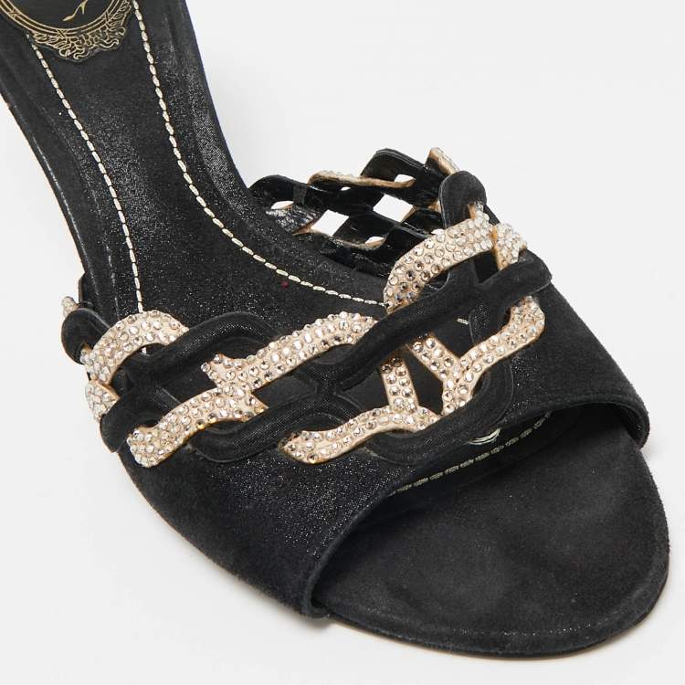 Pre Owned René Caovilla Black/Beige Suede and Satin Crystal Embellished Slide Sandals Size 39.5