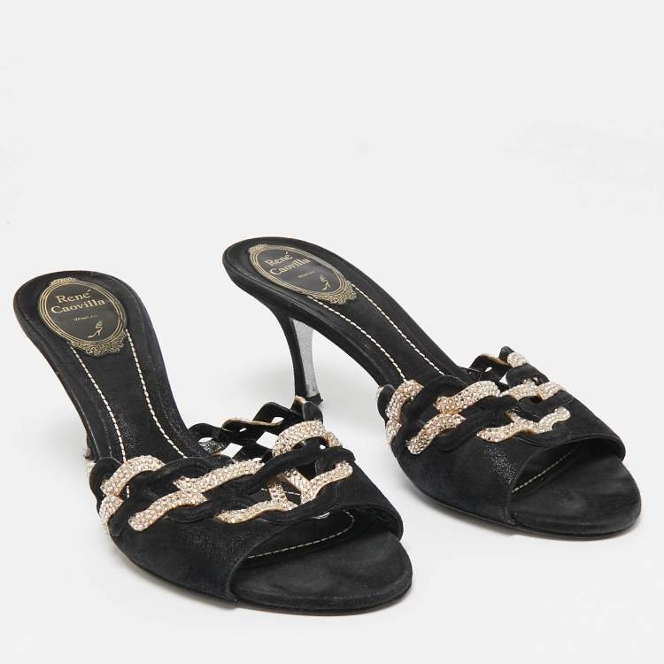 Pre Owned René Caovilla Black/Beige Suede and Satin Crystal Embellished Slide Sandals Size 39.5