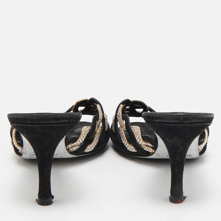 Pre Owned René Caovilla Black/Beige Suede and Satin Crystal Embellished Slide Sandals Size 39.5