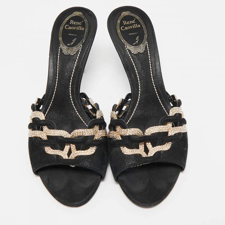 Pre Owned René Caovilla Black/Beige Suede and Satin Crystal Embellished Slide Sandals Size 39.5