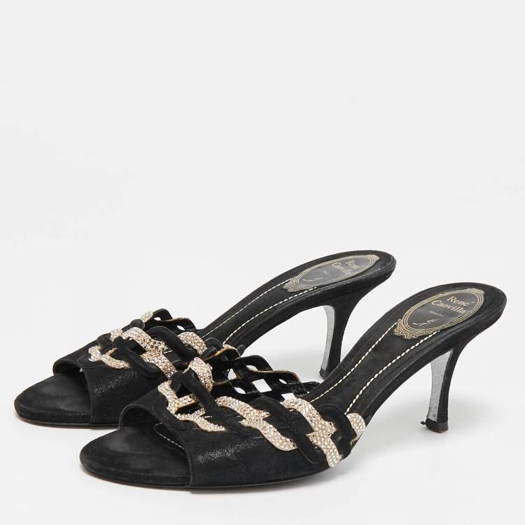 Pre Owned René Caovilla Black/Beige Suede and Satin Crystal Embellished Slide Sandals Size 39.5