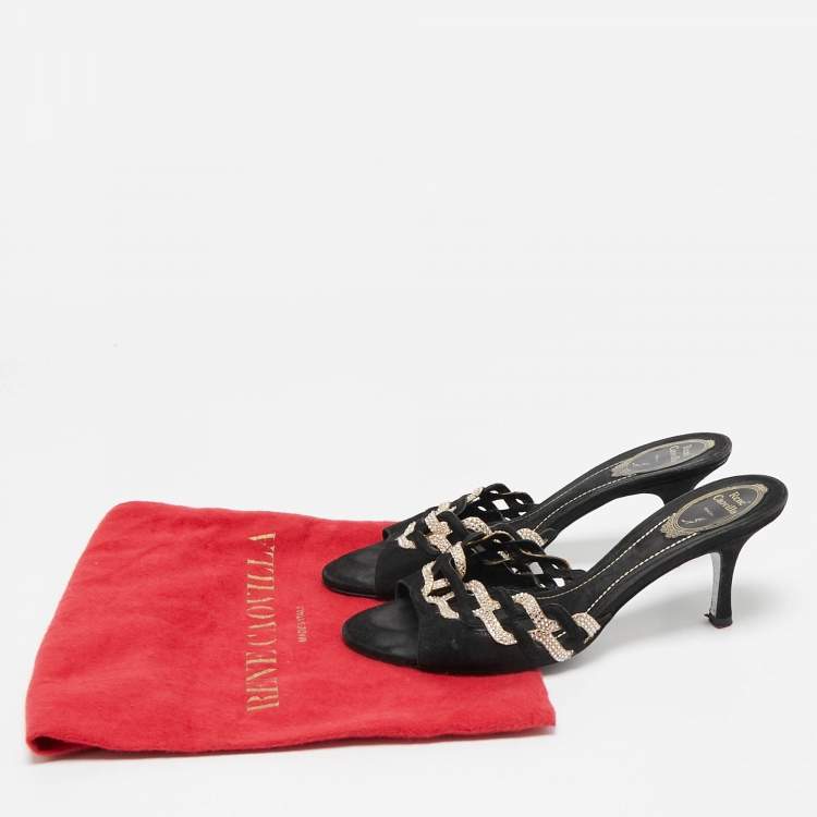 Pre Owned René Caovilla Black/Beige Suede and Satin Crystal Embellished Slide Sandals Size 39.5