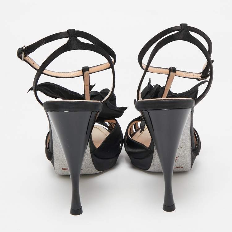 Pre Owned René Caovilla Black Satin Flower Ankle Strap Sandals Size 38.5