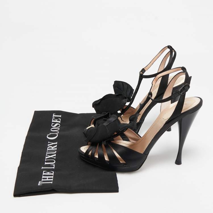 Pre Owned René Caovilla Black Satin Flower Ankle Strap Sandals Size 38.5