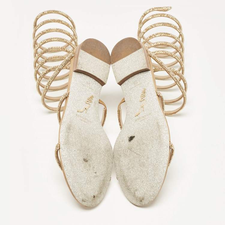 Pre Owned René Caovilla Beige Satin Cleo Ankle Wrap Flat Sandals Size 35