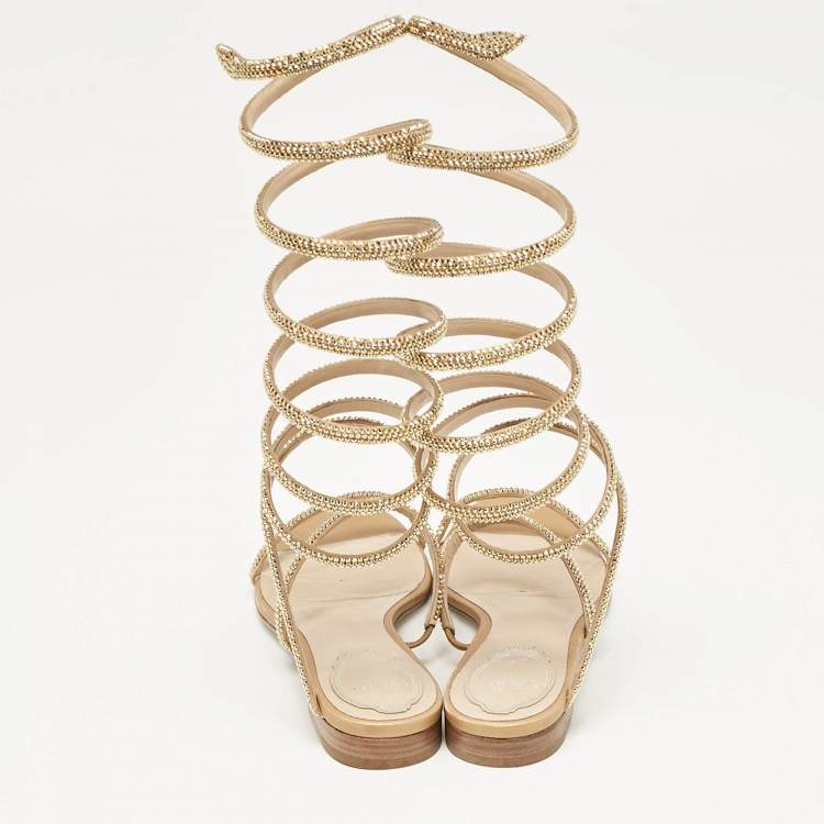 Pre Owned René Caovilla Beige Satin Cleo Ankle Wrap Flat Sandals Size 35