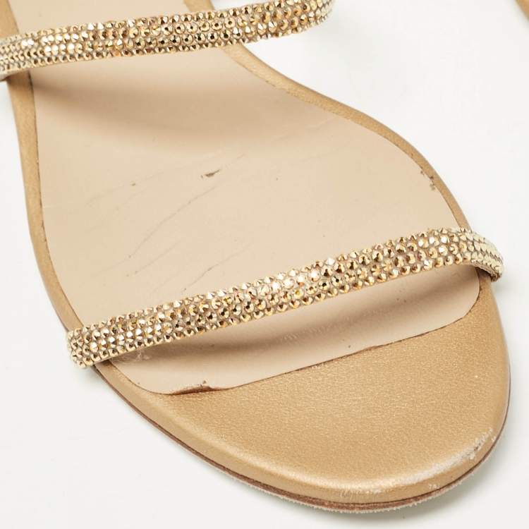 Pre Owned René Caovilla Beige Satin Cleo Ankle Wrap Flat Sandals Size 35
