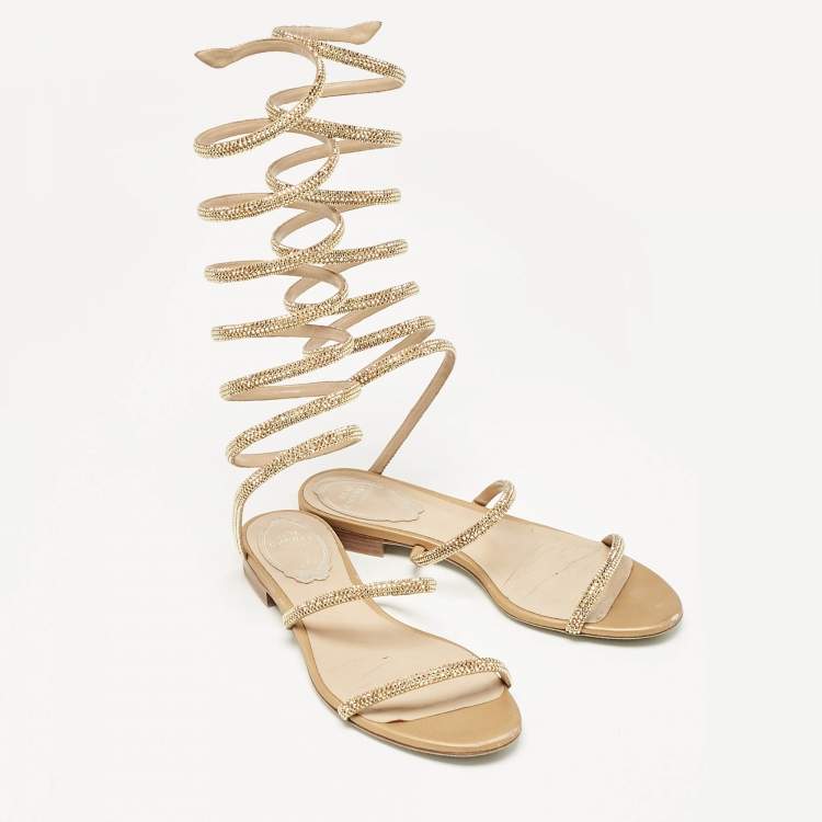 Pre Owned René Caovilla Beige Satin Cleo Ankle Wrap Flat Sandals Size 35