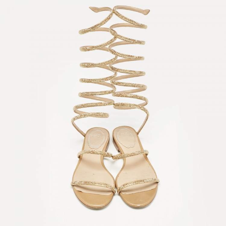 Pre Owned René Caovilla Beige Satin Cleo Ankle Wrap Flat Sandals Size 35