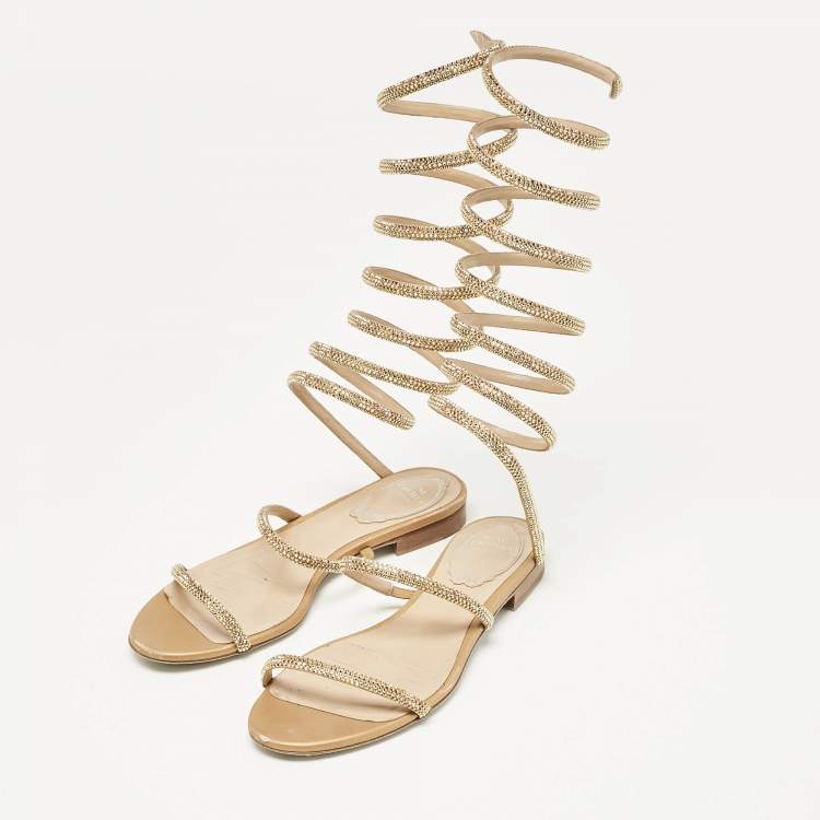 Pre Owned René Caovilla Beige Satin Cleo Ankle Wrap Flat Sandals Size 35