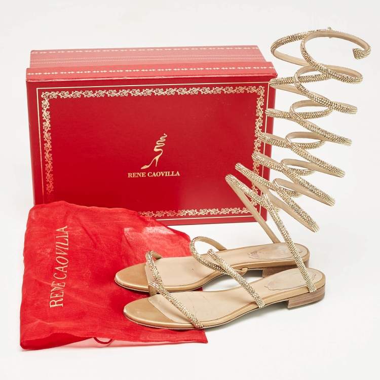 Pre Owned René Caovilla Beige Satin Cleo Ankle Wrap Flat Sandals Size 35