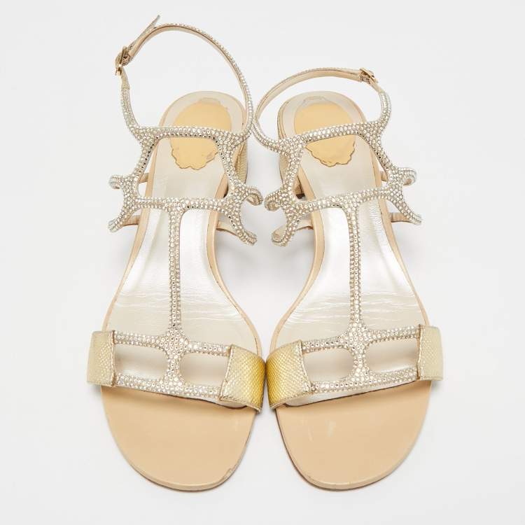 Pre Owned René Caovilla Gold Leather Crystal Embellished Slingback Sandals Size 40