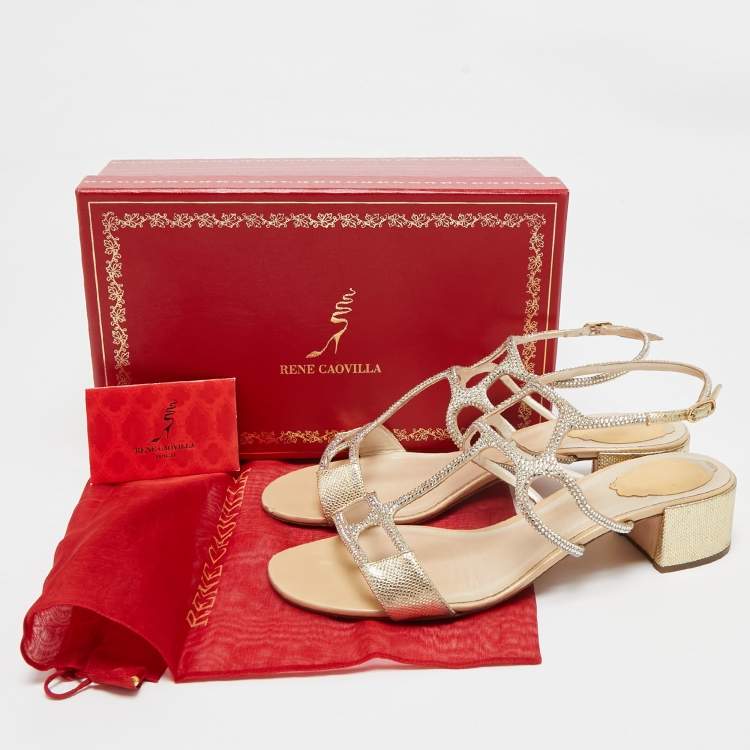 Pre Owned René Caovilla Gold Leather Crystal Embellished Slingback Sandals Size 40