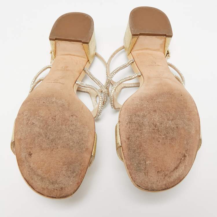 Pre Owned René Caovilla Gold Leather Crystal Embellished Slingback Sandals Size 40