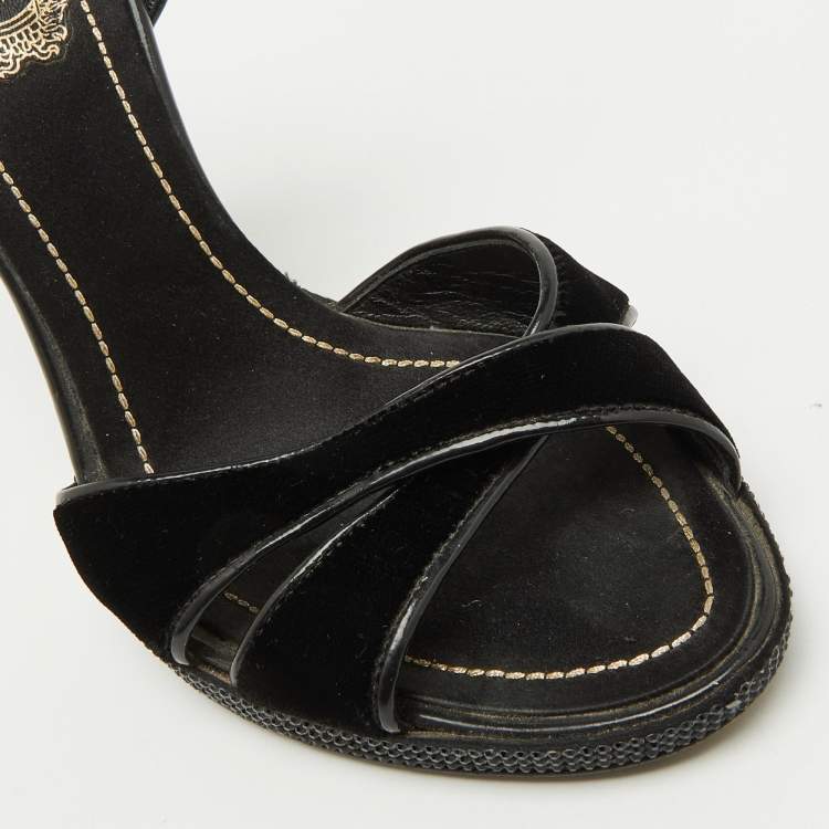 Pre Owned René Caovilla Black Velvet and Patent Leather Ankle Strap Sandals Size 37