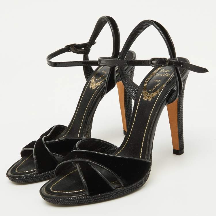Pre Owned René Caovilla Black Velvet and Patent Leather Ankle Strap Sandals Size 37
