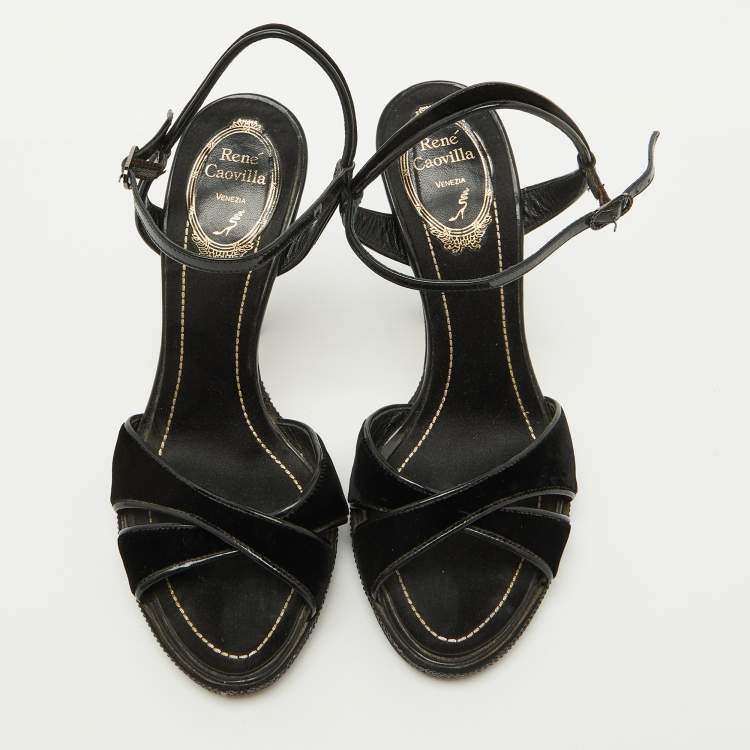 Pre Owned René Caovilla Black Velvet and Patent Leather Ankle Strap Sandals Size 37