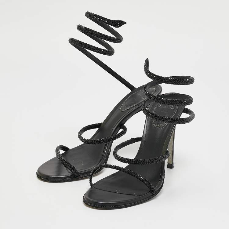 Pre Owned René Caovilla Black Leather Crystals Embellished Satin Cleo Sandals Size 37