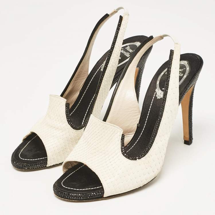 Pre Owned René Caovilla White Python Crystal Embellished Slingback Sandals Size 39