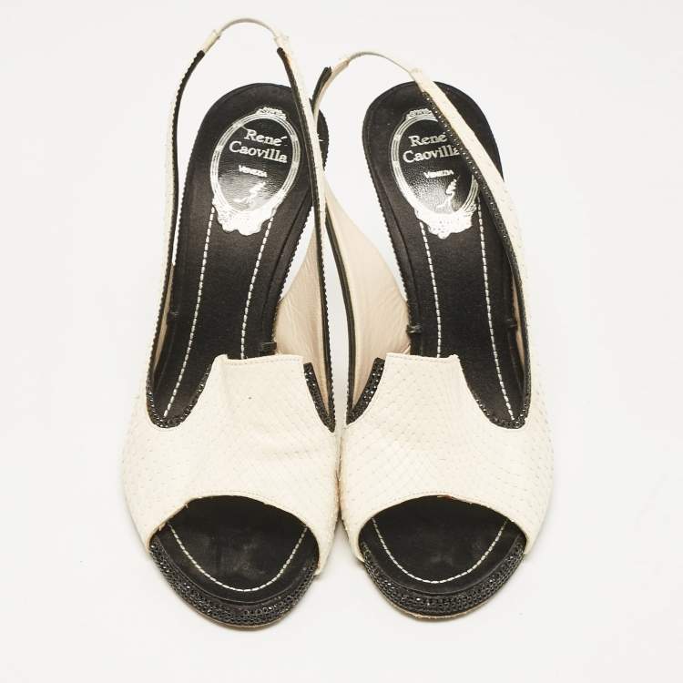 Pre Owned René Caovilla White Python Crystal Embellished Slingback Sandals Size 39