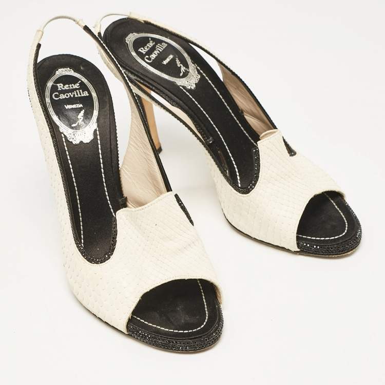 Pre Owned René Caovilla White Python Crystal Embellished Slingback Sandals Size 39