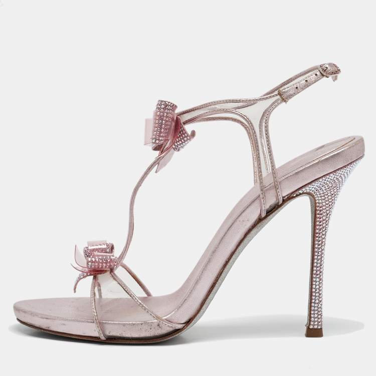 Pre Owned René Caovilla Metallic Pink Leather and PVC Ankle Strap Sandals Size 40
