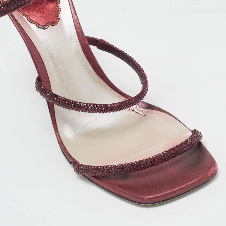 Pre Owned René Caovilla Burgundy Leather Cleo Ankle Strap Sandals Size 38
