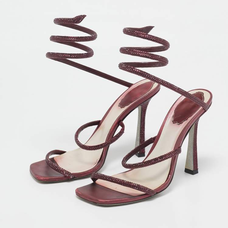 Pre Owned René Caovilla Burgundy Leather Cleo Ankle Strap Sandals Size 38