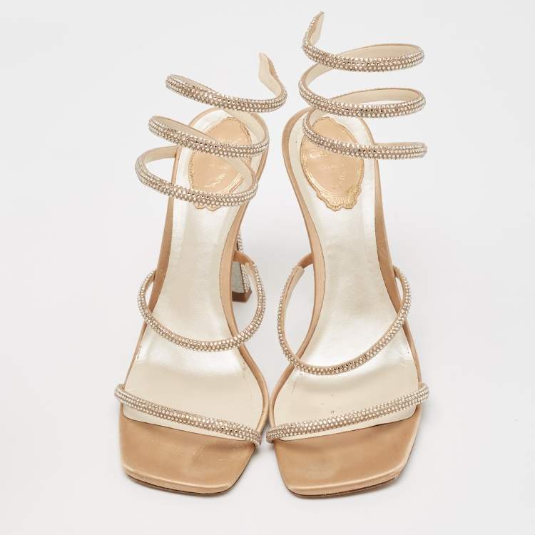 Pre Owned René Caovilla Beige Satin Crystal Embellished Cleo Ankle Strap Sandals Size 40