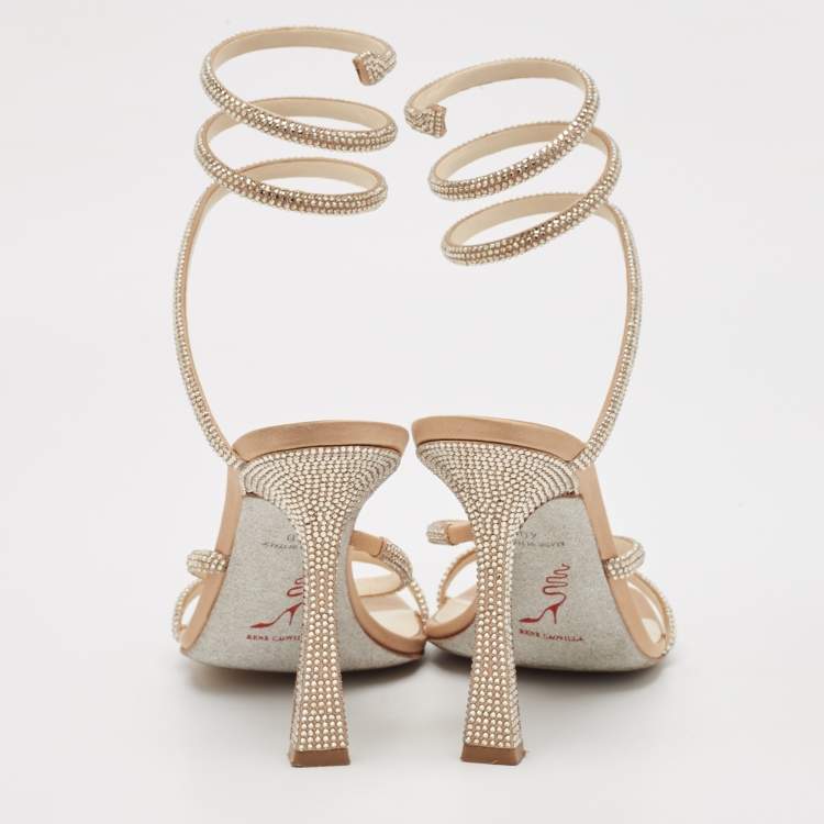 Pre Owned René Caovilla Beige Satin Crystal Embellished Cleo Ankle Strap Sandals Size 40