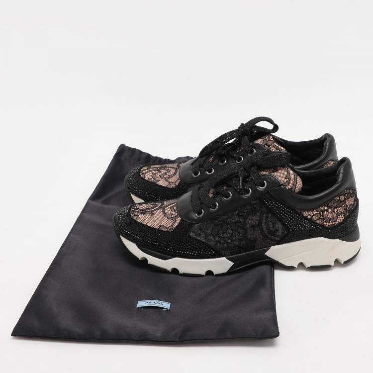 Pre Owned René Caovilla Black Lace and Leather Rhinestone Embellished Low Top Sneakers Size 36
