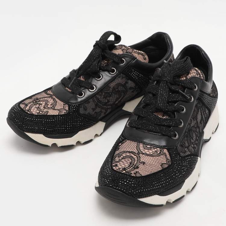 Pre Owned René Caovilla Black Lace and Leather Rhinestone Embellished Low Top Sneakers Size 36