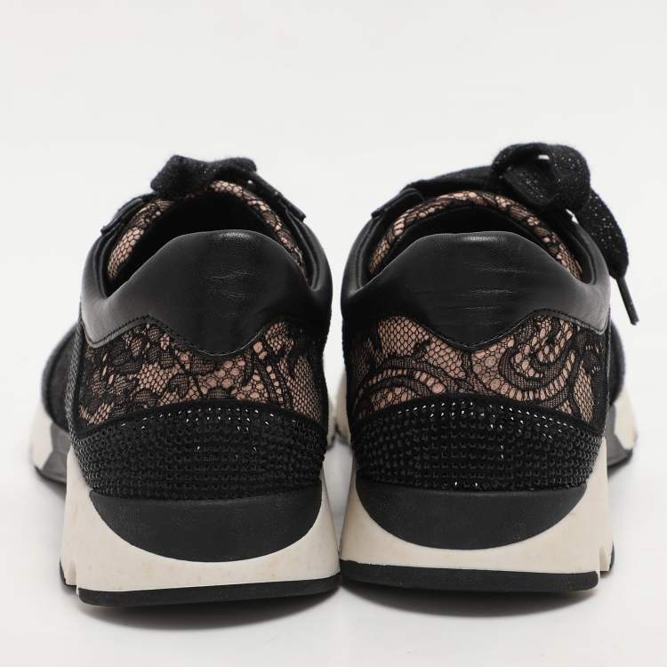 Pre Owned René Caovilla Black Lace and Leather Rhinestone Embellished Low Top Sneakers Size 36