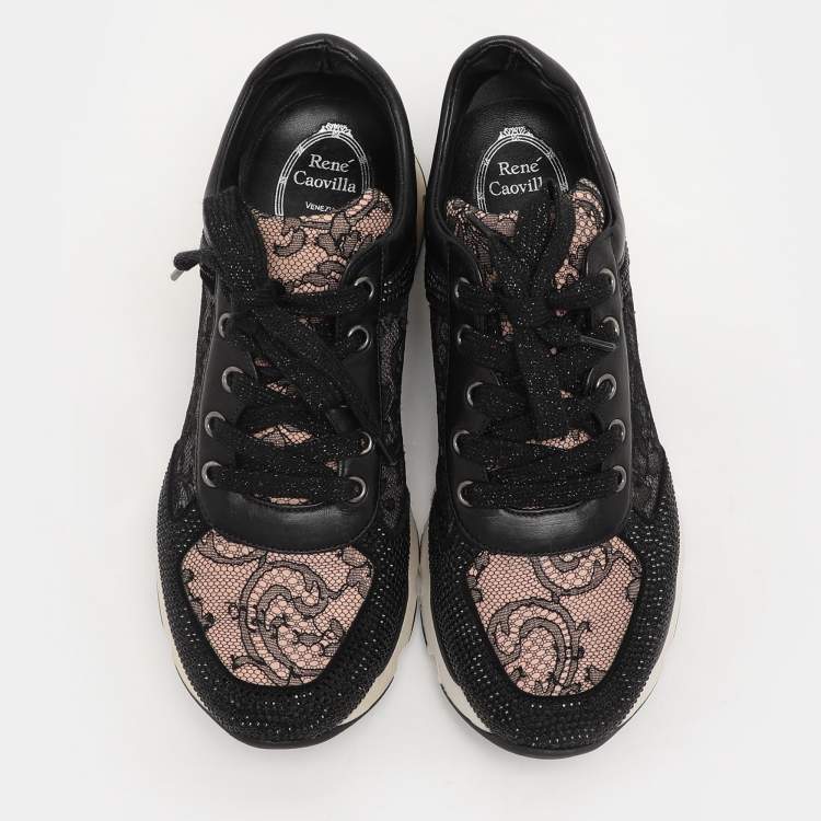 Pre Owned René Caovilla Black Lace and Leather Rhinestone Embellished Low Top Sneakers Size 36