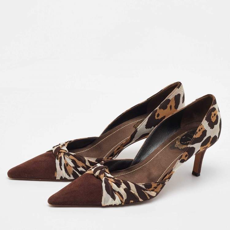 Pre Owned René Caovilla Brown Leopard Print Fabric and Suede Knotted Pointed Toe Pumps Size 38