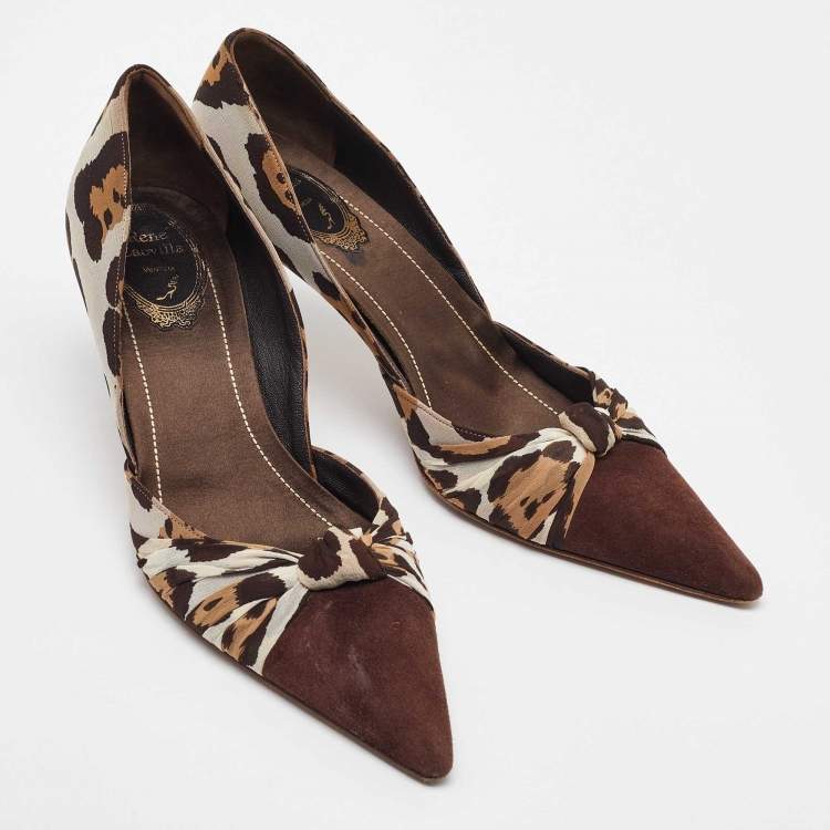 Pre Owned René Caovilla Brown Leopard Print Fabric and Suede Knotted Pointed Toe Pumps Size 38