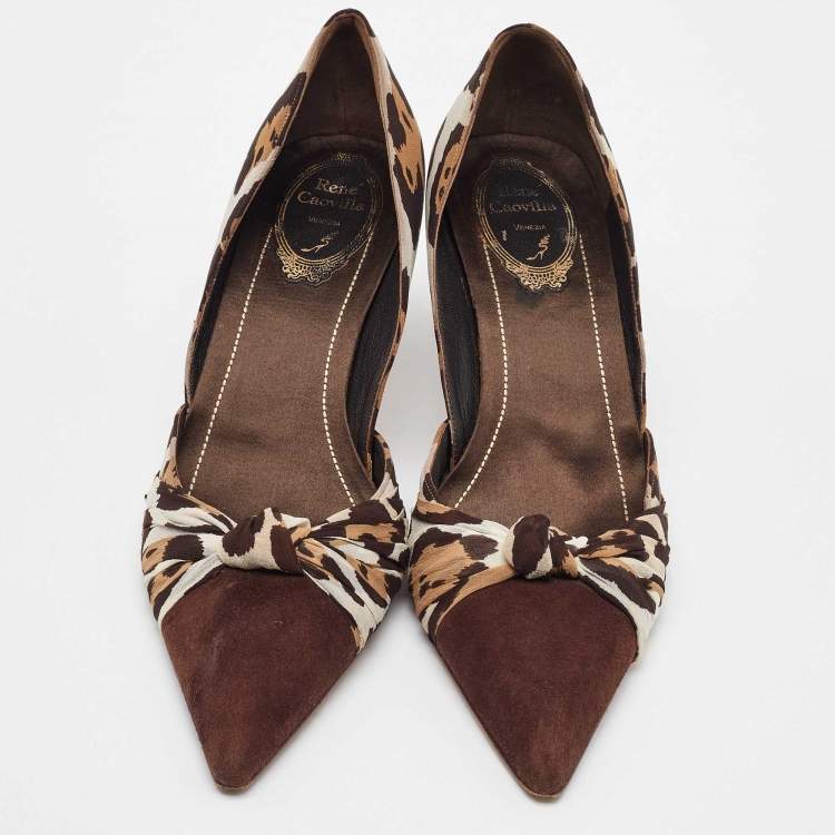 Pre Owned René Caovilla Brown Leopard Print Fabric and Suede Knotted Pointed Toe Pumps Size 38