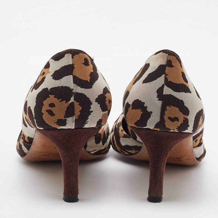 Pre Owned René Caovilla Brown Leopard Print Fabric and Suede Knotted Pointed Toe Pumps Size 38