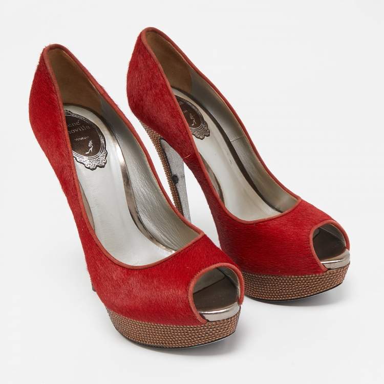 Pre Owned René Caovilla Red Calf Hair Crystal Embellished Platform Peep Toe Pumps Size 38