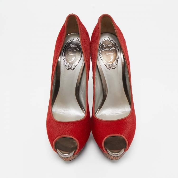 Pre Owned René Caovilla Red Calf Hair Crystal Embellished Platform Peep Toe Pumps Size 38