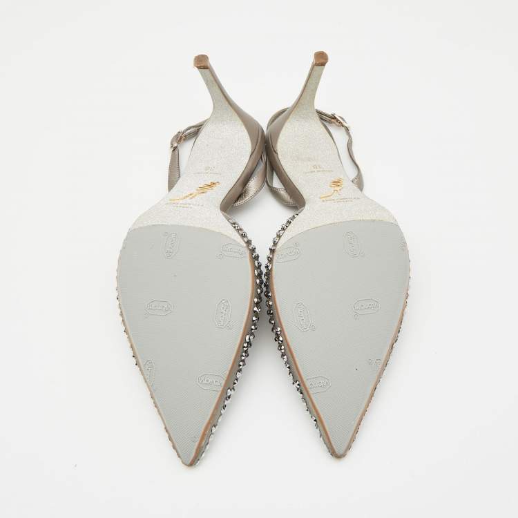 Pre Owned René Caovilla Silver Satin Crystal Embellished Slingback Pumps Size 38