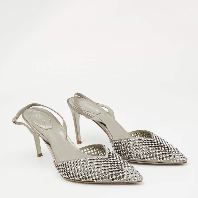Pre Owned René Caovilla Silver Satin Crystal Embellished Slingback Pumps Size 38