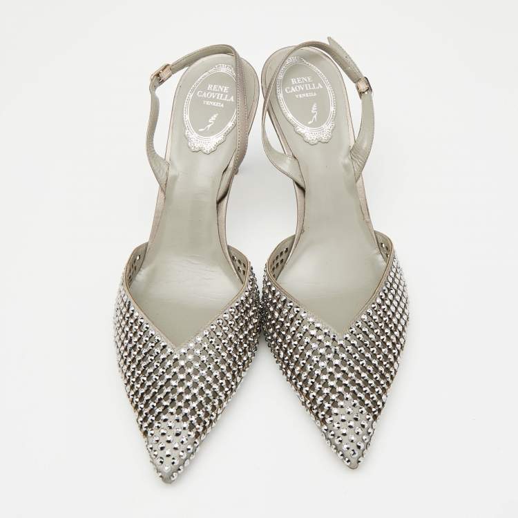 Pre Owned René Caovilla Silver Satin Crystal Embellished Slingback Pumps Size 38