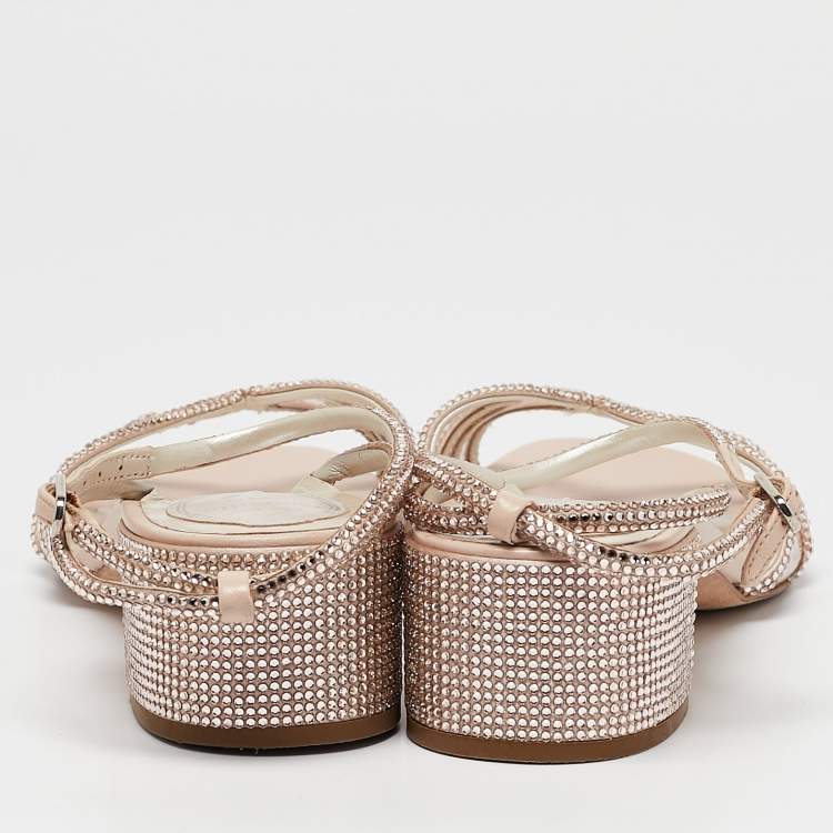Pre Owned René Caovilla Metallic Beige PVC and Leather Crystal Embellished Ankle Wrap Sandals Size 37.5