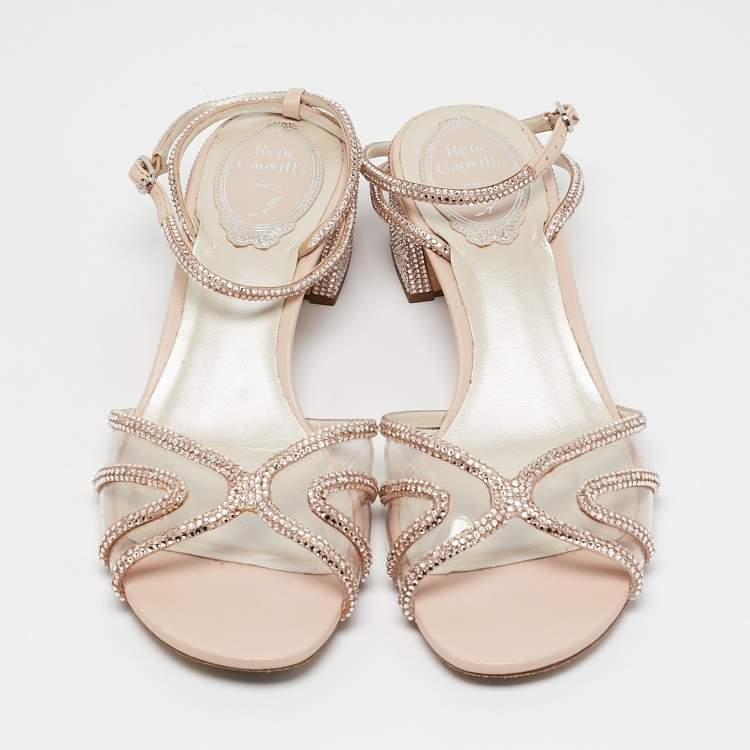 Pre Owned René Caovilla Metallic Beige PVC and Leather Crystal Embellished Ankle Wrap Sandals Size 37.5